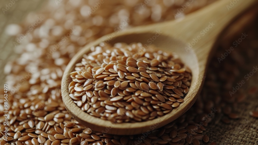 Obraz premium Close-up of Flax Seeds in a Wooden Spoon