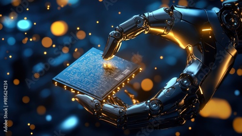 A robot is holding a computer chip in its hand