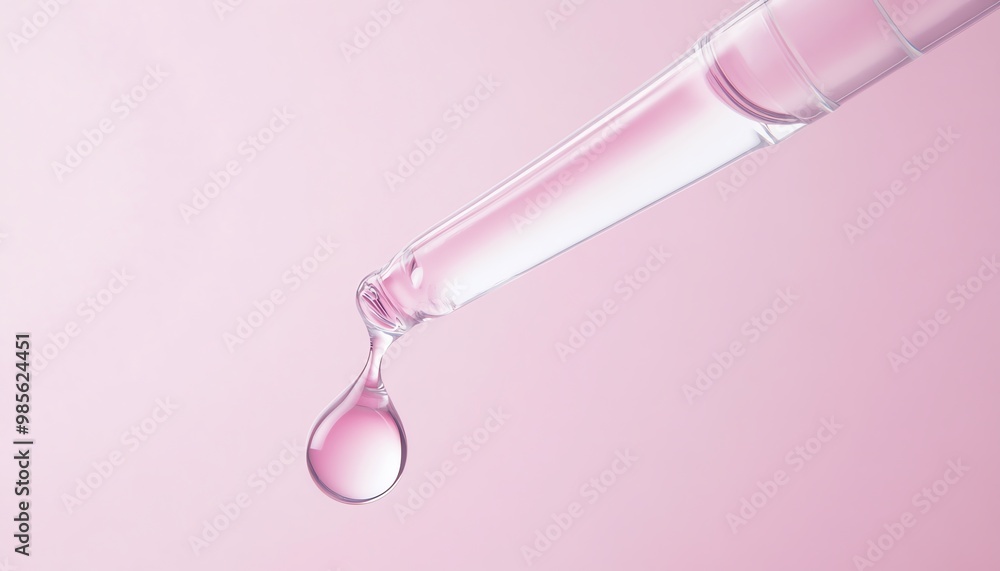 Droplet of Transparent Liquid Falling from a Pipette on a Pink Background Droplet of Transparent Liquid Falling from a Pipette on a Pink Background