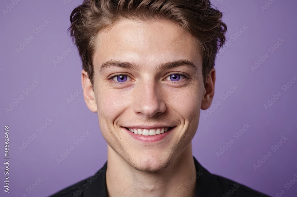 Fototapeta premium Full framed very close face portrait of a smiling young caucasian non binary with violet eyes looking at the camera, studio shot,violet background.
