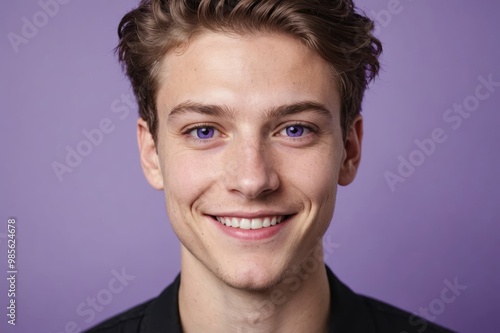 Full framed very close face portrait of a smiling young caucasian non binary with violet eyes looking at the camera, studio shot,violet background.