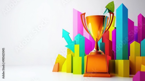 Corporate success in 3D with upward arrow and trophy, modern style, vibrant colors, isolated on white background photo