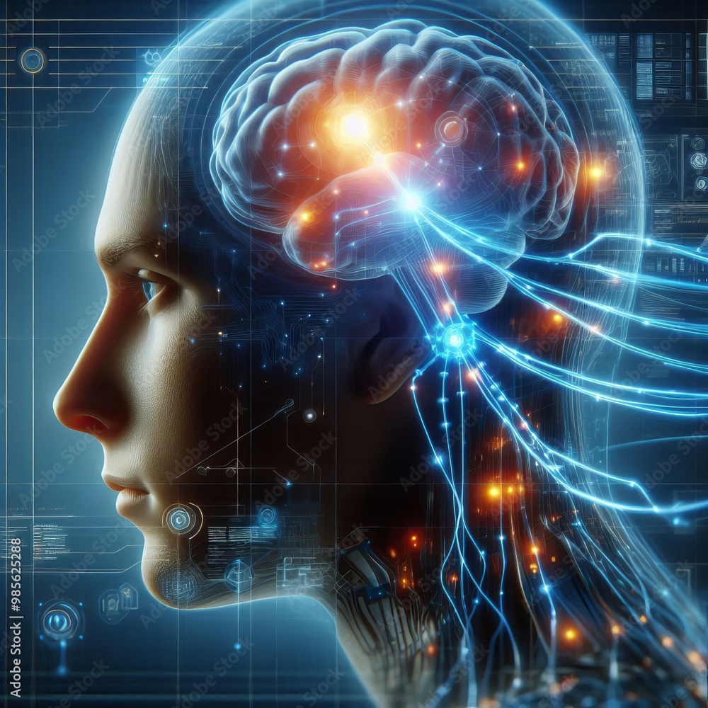 A side profile of a human head showing an illuminated brain network with visible digital connections, representing advanced AI integration, neural communication, and future technology.. AI Generation A side profile of a human head showing an illuminated brain network with visible digital connections, representing advanced AI integration, neural communication, and future technology.. AI Generation