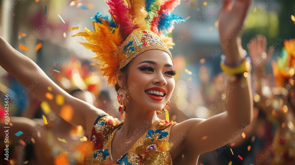 A young woman in a colorful costume smiles as she dances in a parade. Confetti falls around her. A young woman in a colorful costume smiles as she dances in a parade. Confetti falls around her.