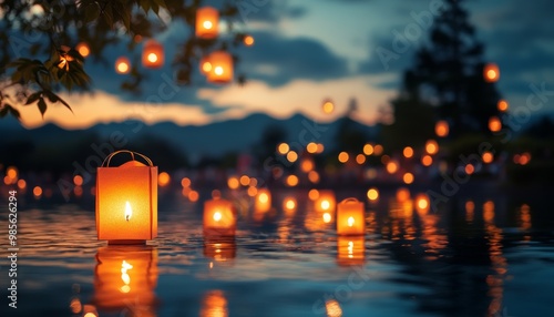 Floating Lanterns on Water at Sunset photo