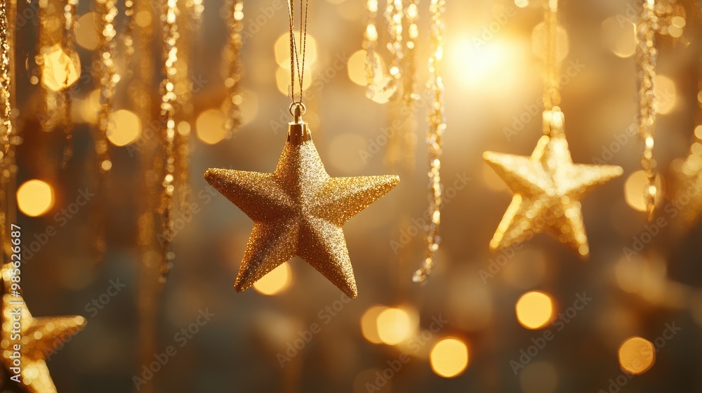 Golden stars and ribbons dangle against a shimmering background, creating a festive and magical holiday ambiance with sparkling lights and a warm glow. Golden stars and ribbons dangle against a shimmering background, creating a festive and magical holiday ambiance with sparkling lights and a warm glow.