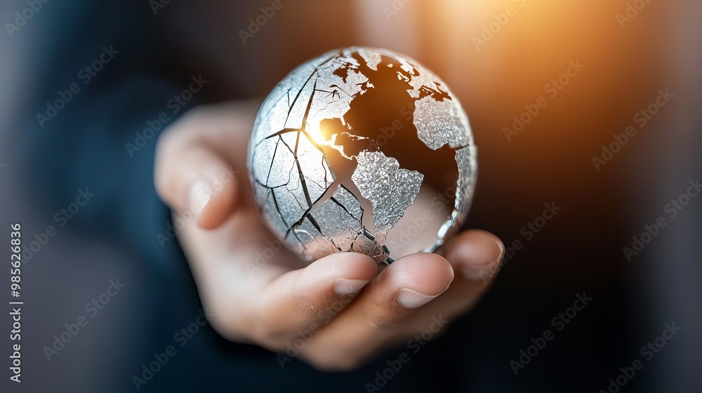 Close-up of a hand holding a cracked globe with industrial fumes, highlighting global pollution strategy needs, Global Pollution, Strategic Planning Close-up of a hand holding a cracked globe with industrial fumes, highlighting global pollution strategy needs, Global Pollution, Strategic Planning