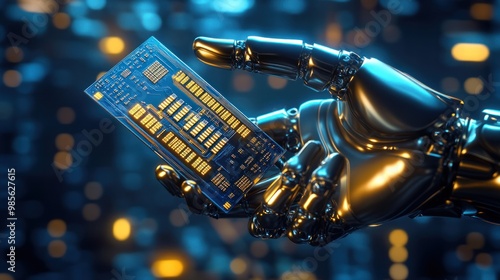 A robot is holding a blue electronic device