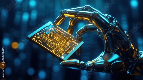 A robot is holding a blue electronic device