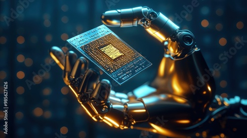 A robot is holding a blue electronic device