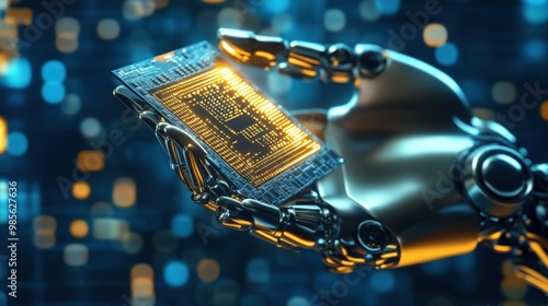 A robot is holding a blue electronic device