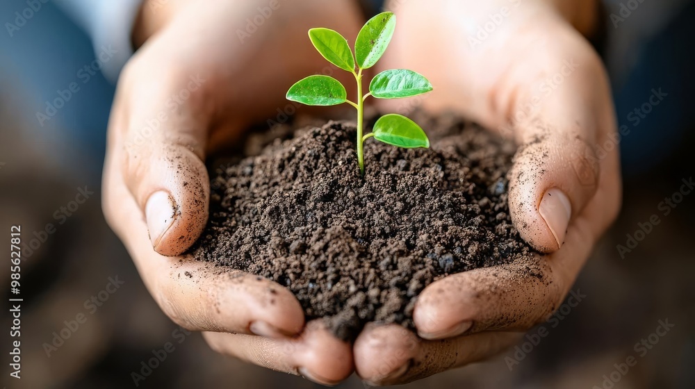 Close-up of hands holding polluted soil with sprouting green leaves, symbolizing soil restoration efforts, Pollution Cleanup, Regeneration Close-up of hands holding polluted soil with sprouting green leaves, symbolizing soil restoration efforts, Pollution Cleanup, Regeneration