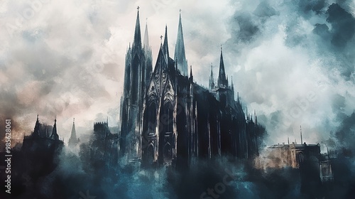 Wallpaper Mural A dark, atmospheric illustration of a Gothic cathedral, shrouded in mist and clouds, evoking a sense of mystery and grandeur. Torontodigital.ca
