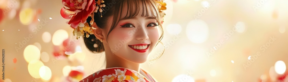 Fototapeta premium Beautiful Japanese Woman in Traditional Kimono with Flower Hair Ornament