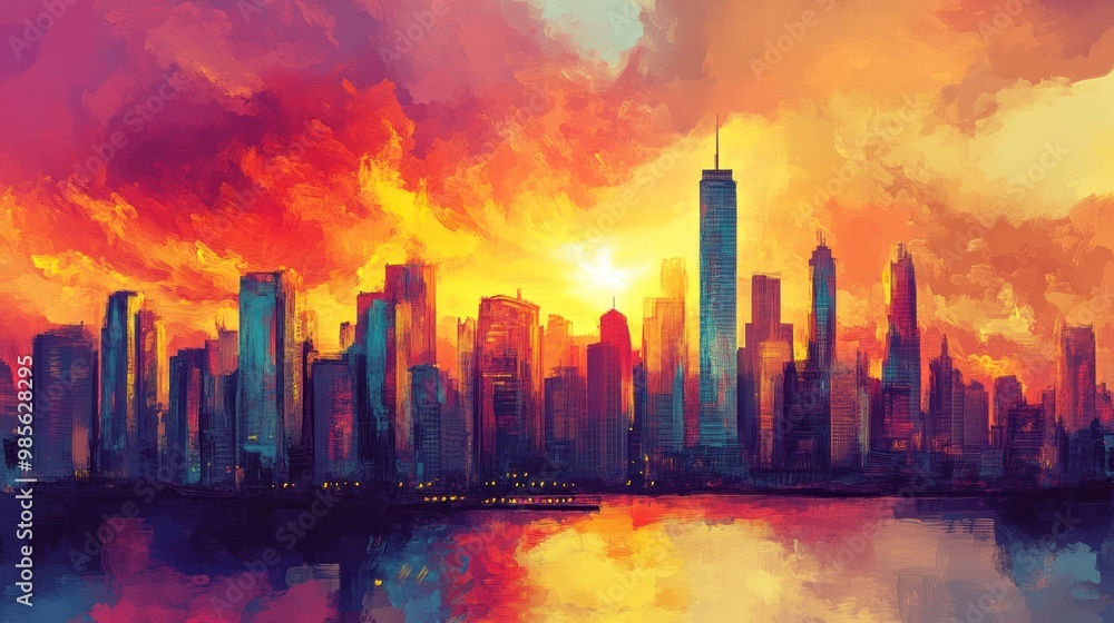 A vibrant abstract painting depicting a cityscape at sunset with skyscrapers against a colorful sky. A vibrant abstract painting depicting a cityscape at sunset with skyscrapers against a colorful sky.