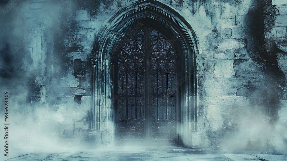A mystical, foggy scene featuring an ornate, dark wooden door set within an ancient stone wall, evoking a sense of mystery and intrigue. A mystical, foggy scene featuring an ornate, dark wooden door set within an ancient stone wall, evoking a sense of mystery and intrigue.