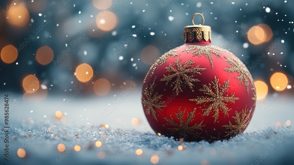A festive red Christmas ornament on snow with blurred lights. A festive red Christmas ornament on snow with blurred lights.