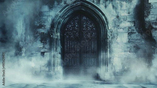 A mystical, foggy scene featuring an ornate, dark wooden door set within an ancient stone wall, evoking a sense of mystery and intrigue.