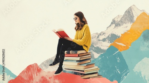 Young woman sitting on stack of books reading in front of mountain landscape. photo