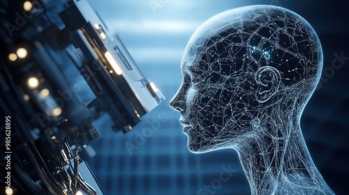 A woman's face is projected onto a computer screen