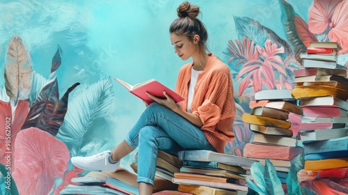 Young woman sitting on a stack of books, reading a book against a painted wall with flower design.