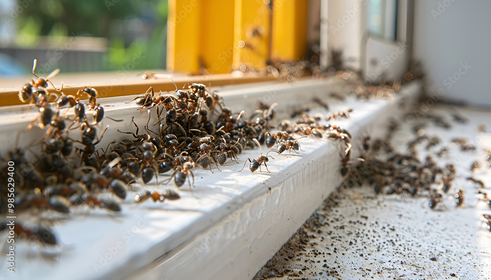 large group of ants inspeing a windowsill in a home, emphasizing their organized trail and busy nature large group of ants inspeing a windowsill in a home, emphasizing their organized trail and busy nature