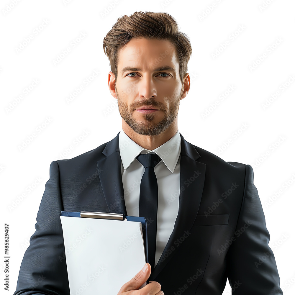 Confident business professional in a suit holding a clipboard, ready for a presentation or meeting. Confident business professional in a suit holding a clipboard, ready for a presentation or meeting.