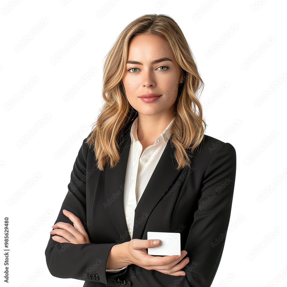 Confident businesswoman in black suit holding a business card, isolated on white background, showcasing professionalism and success.