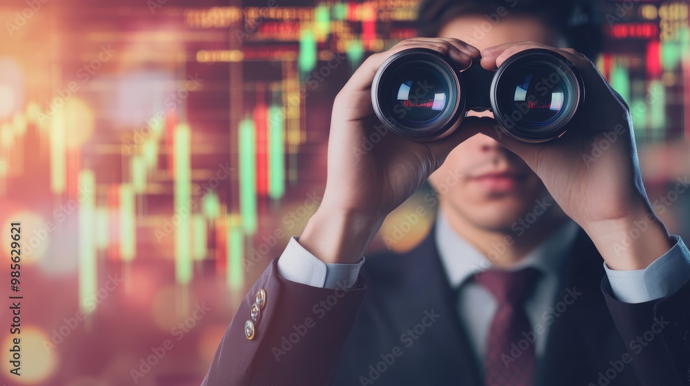 Businessman Looking Through Binoculars at Stock Market Chart Businessman Looking Through Binoculars at Stock Market Chart