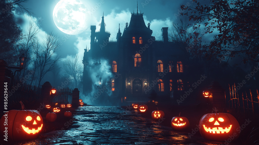 Haunted Mansion with Glowing Jack-o'-Lanterns on Halloween Night Haunted Mansion with Glowing Jack-o'-Lanterns on Halloween Night