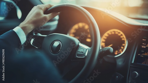 Close up of Man s Hand on Leather Steering Wheel in Car Interior photo