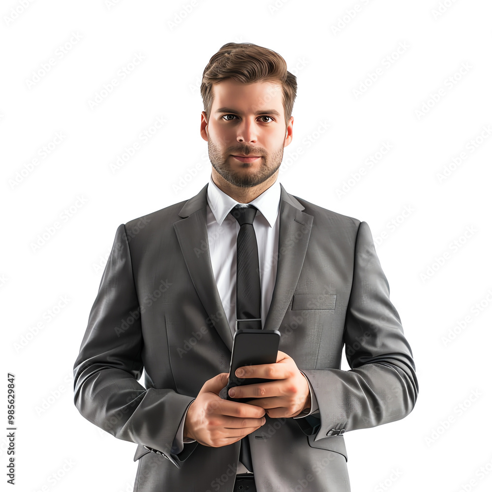 Confident businessman in a suit holding a smartphone, isolated on white background. Professional corporate portrait. Confident businessman in a suit holding a smartphone, isolated on white background. Professional corporate portrait.