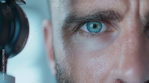 Optometrist examining male patient s eyes using slit lamp, sharp focus on eye care technology and professional diagnosis photo