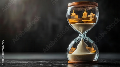 A cracked hourglass with sand shaped like cargo ships, symbolizing the delayed global trade due to restrictions photo