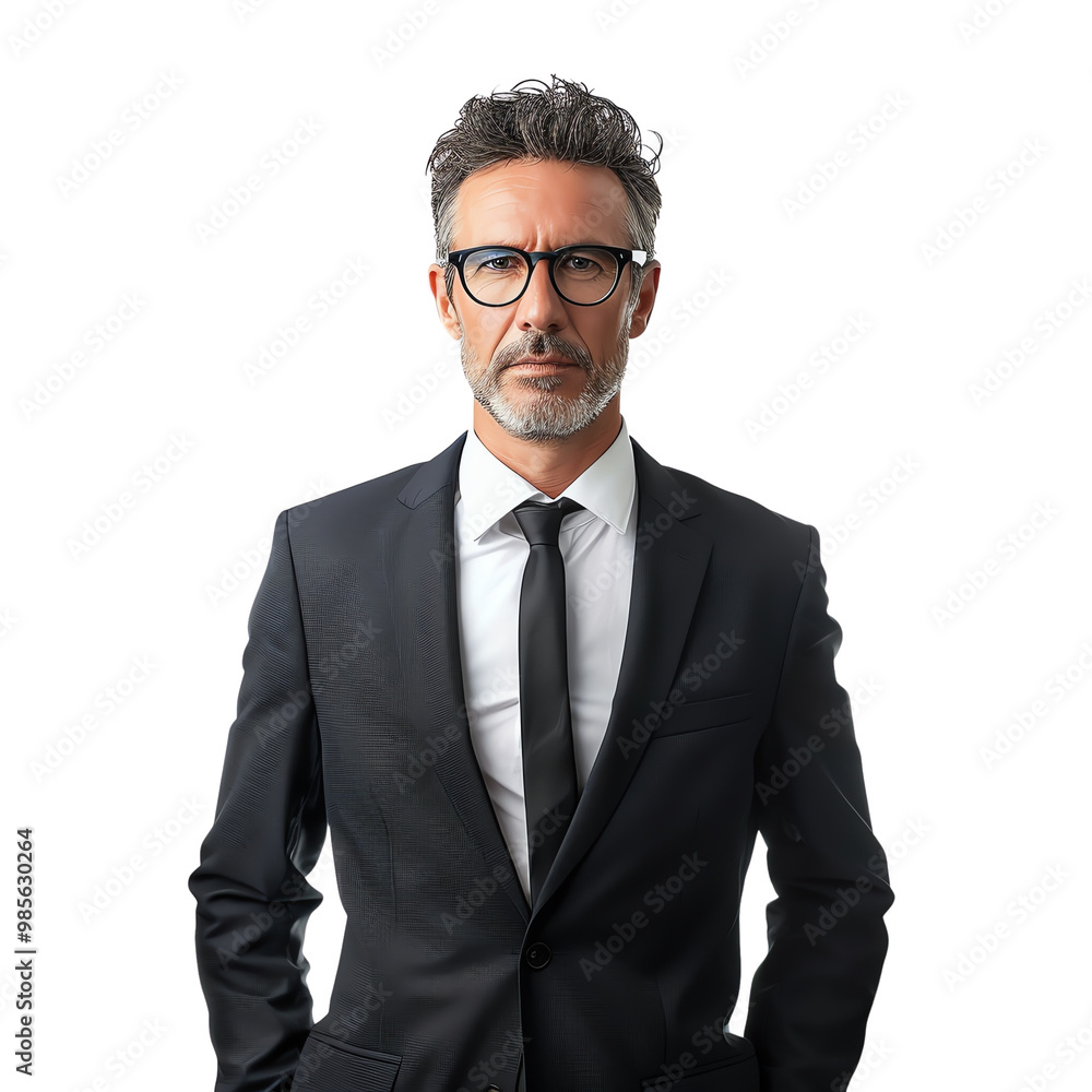 Professional middle-aged man in a suit and glasses, standing against a white background, looking confident and serious. Professional middle-aged man in a suit and glasses, standing against a white background, looking confident and serious.