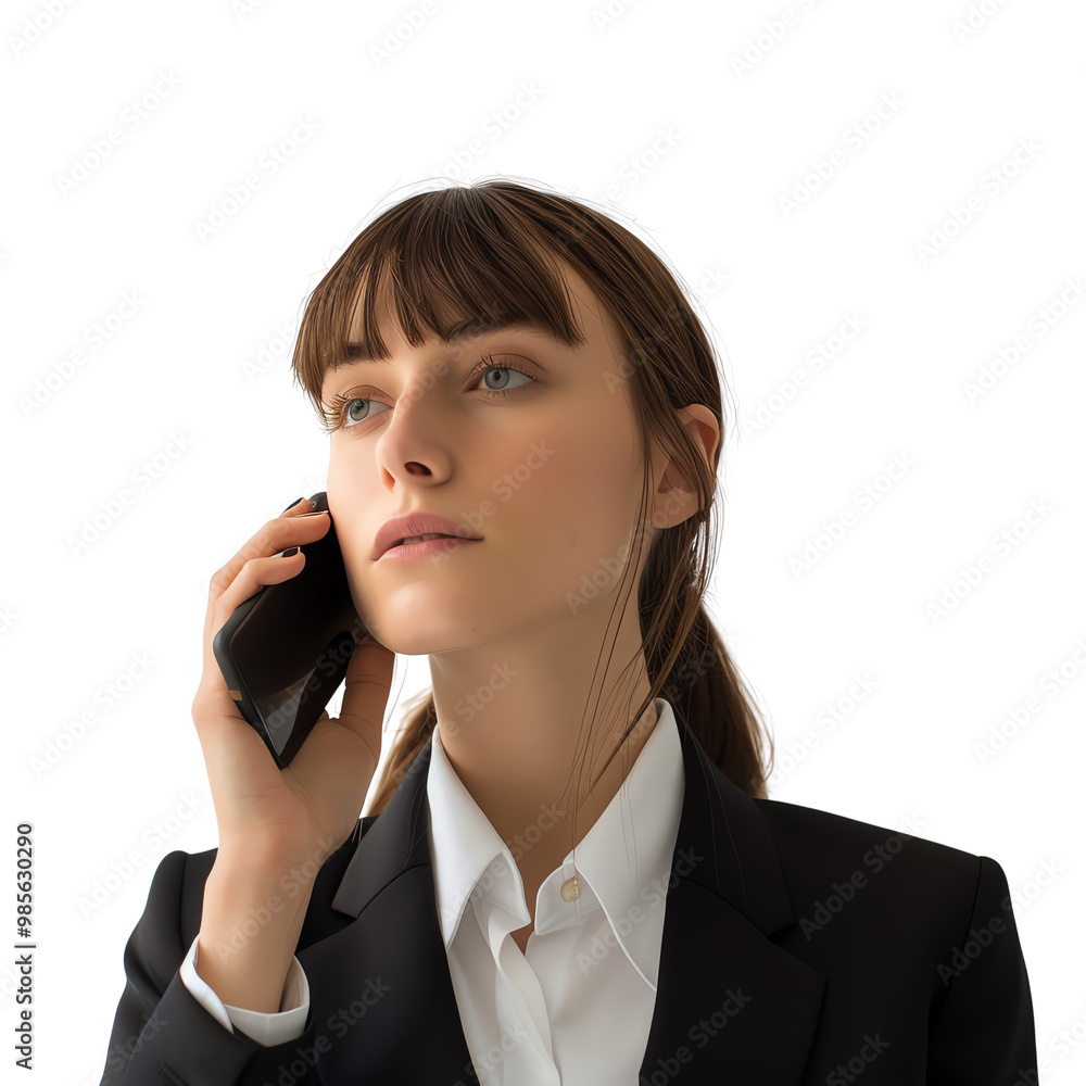 Businesswoman in a suit making a phone call, showcasing professionalism and communication in a corporate environment. Businesswoman in a suit making a phone call, showcasing professionalism and communication in a corporate environment.