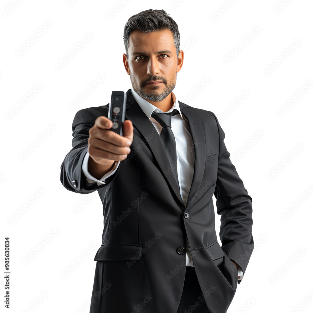 Confident man in a black suit pointing a remote control, portraying professionalism and authority. Isolated on white background. Confident man in a black suit pointing a remote control, portraying professionalism and authority. Isolated on white background.