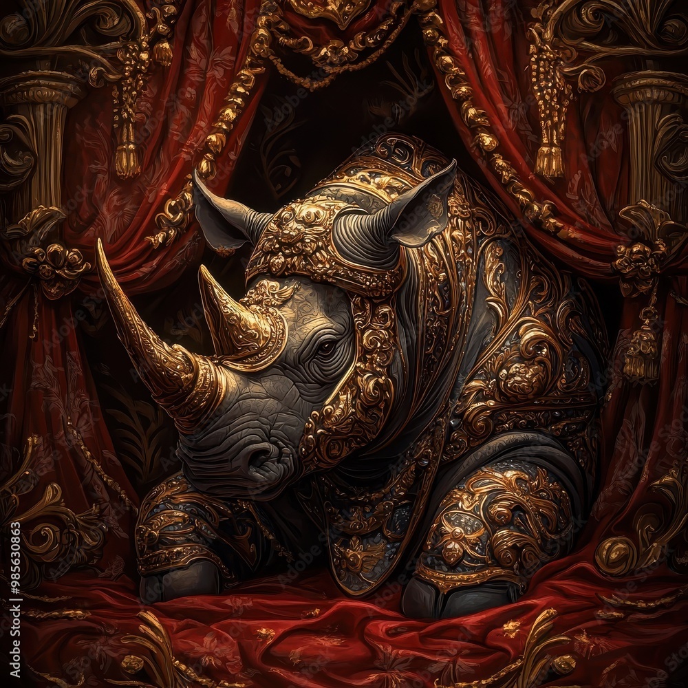 Rhinoceros in luxury, surrounded by opulent curtains in a grand setting. Rhinoceros in luxury, surrounded by opulent curtains in a grand setting.