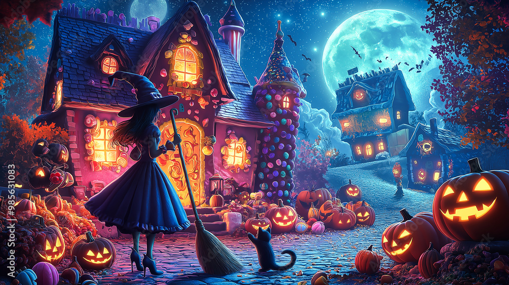 Enchanting Witch, Black Cat, and Candy House on Halloween Night Enchanting Witch, Black Cat, and Candy House on Halloween Night