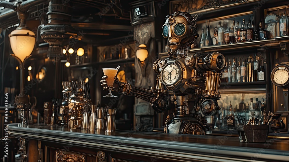 A Steampunk Robot Bartender Serving a Cocktail in a Bar A Steampunk Robot Bartender Serving a Cocktail in a Bar