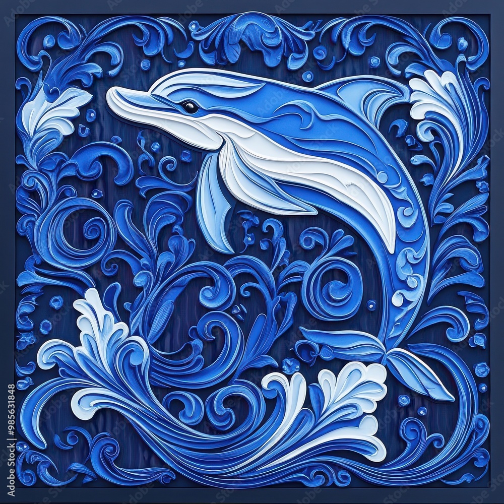 Fototapeta premium Dolphin rendered in a textured pattern, its sleek form layered with artistic ocean motifs and intricate details.