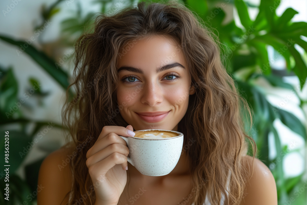 Close-up shot of a cheerful woman sipping from a modern coffee cup latte, lush green plants in the background, showcasing healthy skin and subtle makeup Close-up shot of a cheerful woman sipping from a modern coffee cup latte, lush green plants in the background, showcasing healthy skin and subtle makeup
