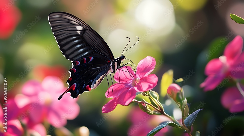 Fototapeta premium A great butterfly visiting a pink flower.