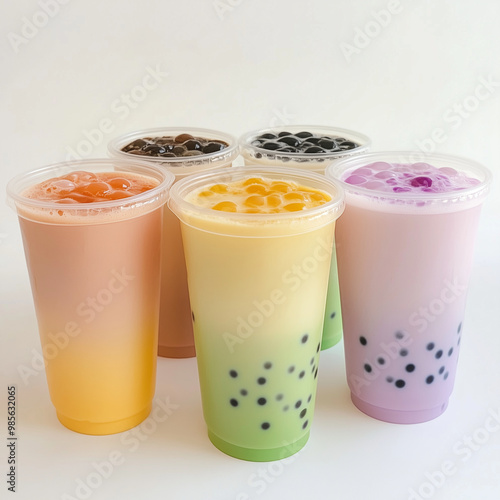 Colorful Bubble Tea in Clear Plastic Cups on White background