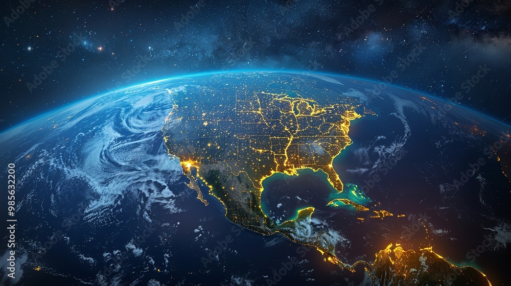 Satellite View of Earth Globe from Space City Lights by Night Satellite View of Earth Globe from Space City Lights by Night