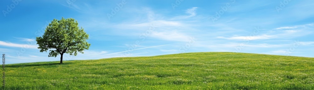 Green Meadow Landscape with Single Tree and Blue Sky Green Meadow Landscape with Single Tree and Blue Sky
