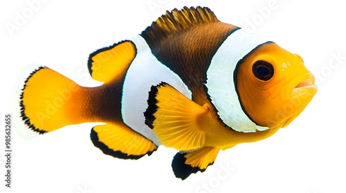 Ocellaris clownfish or anemone fish - Amphiprion ocellaris - yellow, orange, or a reddish or blackish color, and many show white bars or patches. popular in aquariums, isolated on white background