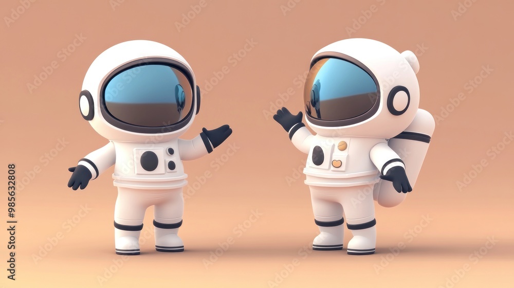 Two 3D cartoon astronauts standing on a brown surface and talking. Two 3D cartoon astronauts standing on a brown surface and talking.