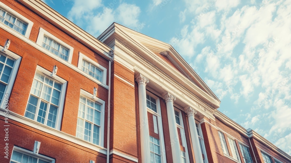 Fototapeta premium Classic Brick Building Facade with Columns and Windows Against Cloudy Sky