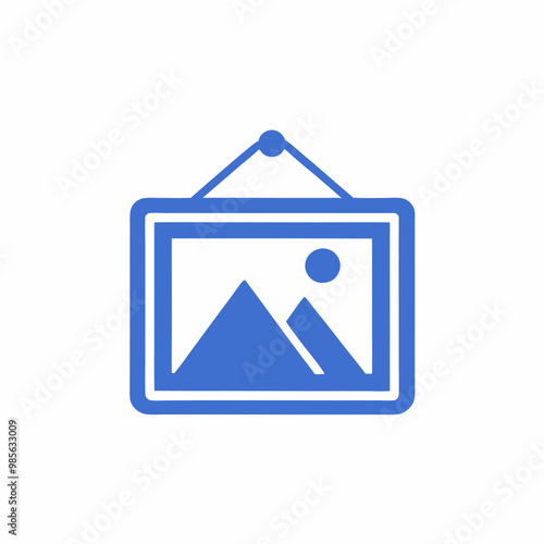 Blue illustration of a framed picture hanging in gallery, art display concept